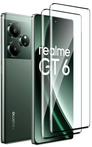 Fyqzio [2 Piezas Cristal templado compatible con Realme GT 6/Realme GT 6T,sin burbujas,dureza 9H,antiarañazos,3D Cobertura Completa,HD protector de pantalla