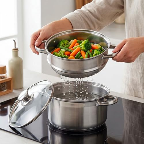 081 Store - Vaporiera Pentola 22 cm con Scolapasta Integrato e Coperchio 6L Acciaio Inox 18/10 | Adatta Induzione | Pentola con scolapasta Integrato per Pasta Verdure e Cottura a Vapore