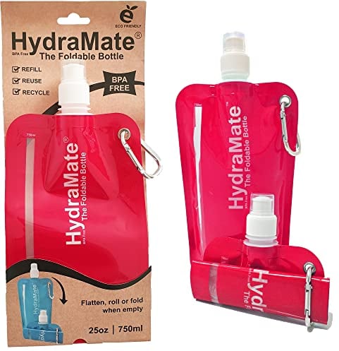 HydraMate Collapsible Water Bottle - Foldable Water Bottle BPA Free - Roll Up, Squeezable Water Pouch 750ml - Lightweight, Flexible, Refillable, Carabiner Clip. Magenta
