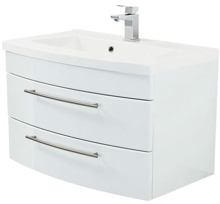 Lomadox Badezimmer Waschtisch 80cm mit Unterschrank Hochglanz weiß 2 Softclose-Auszüge