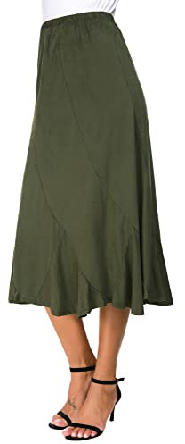 Donne Elegante Elastico Alta Vita Camoscio Midi Gonna Casual A-Linea Svasato Swing Gonna(L, Esercito Verde)