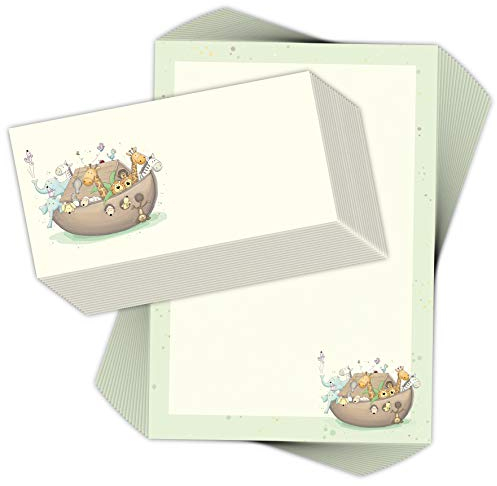Briefpapier-Set für Taufe und Geburt ARCHE DIN A4 20 Blatt inklusive 20 Umschlägen/Briefpapier zur Taufe und Geburt Baby Kinder