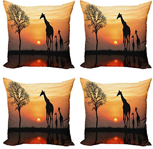 ABAKUHAUS Afrika Dekokissen Kissenbezug 4er Pack, Giraffe im Wilden Wald, Modern Accent Doppelseitiger Digitaldruck, 45 x 45 cm, Schwarz Orange