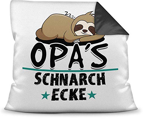 Kuschel-Kissen inkl. Füllung mit Spruch für Opa - Opas Schnarch-Ecke - Geschenk-Idee Geburtstag Vatertag/Bestes Vatertagsgeschenk - Farbkissen Rückseite Schwarz