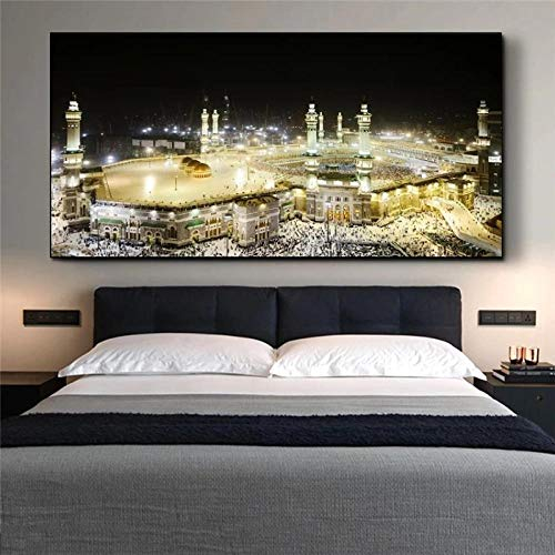 WTYBGDAN Mekka Moschee Stadt Nachtansicht Leinwandbilder an der Wand Islamische Kunst Poster und Drucke Muslim Art Dekorative Wohnzimmer Bilder | 60x120cm / kein Rahmen