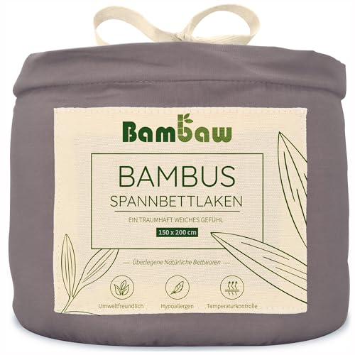 Bambaw Spannbettlaken 150x200 Bambus, kühle und regulierende Bettwäsche Anti Schwitzen, hypoallergene Bettlaken, nachhaltiges Bambus Spannbettlaken mit Gummizug, Bettwäsche 150x200 cm (Dunkelgrau)