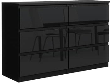 3xEliving Élégante et spacieuse Commode Demii 6 tiroirs 120cm, Parfaite pour Le Salon, Le Bureau, la Chambre Noir/Noir Brillant. Dimensions: 120 x 38 x 78 cm.