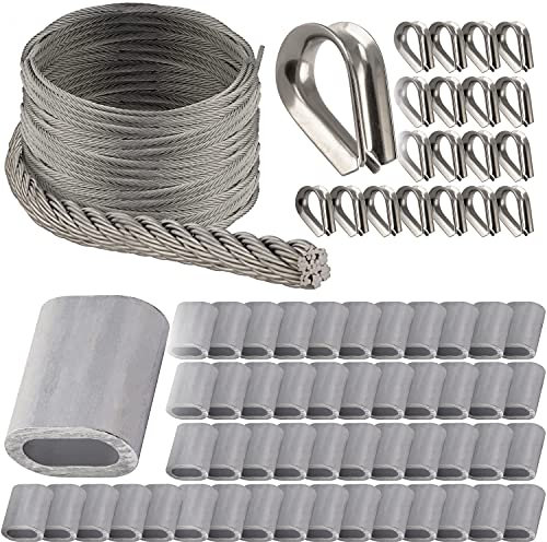 OPIOL QUALITY® 100m Drahtseil 7x7 mittelweich 6mm, 50x Pressklemme Aluminium 6mm, 20x Kausche 6mm ähnl. DIN 6899 Edelstahl A4 Set Drahtseil Kabelklemme Kasuchen Klemme Rankhilfe Sonnensegel