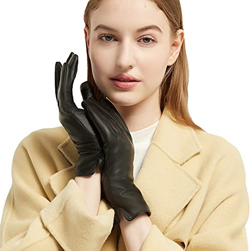 NOVBJECT Lederhandschuhe Winter Damen Touchscreen Lammfell Elegant Kaschmir Gefüttert Warm Outdoor Fahrhandschuhe, Schwarz, S