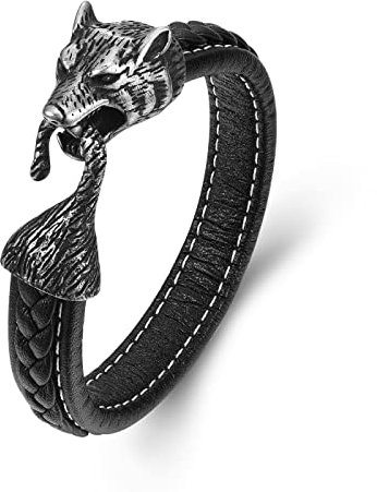 PiercingJak Men's Stainless Steel Wolf Head Viking Bracelet - Vintage Wolf Head Gothic Black Leather Braided Wristband