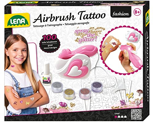 Lena 42443 - Airbrush Tattoo Studio mit 100 Schablonen und 4 Glitter Farben, Sprüh Set für Glitzer Tattoos auf der Haut, Spraystift Station für bunte Kindertattoos, Tattooset für Kinder ab 8 Jahren