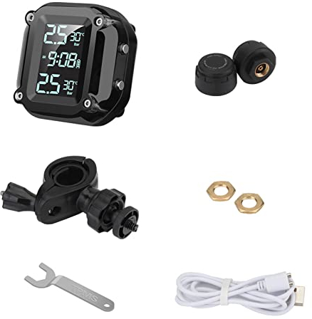 Goolsky Shkalacar TPMS Reifendruck Kontrollsystem Motorrad, Drahtloses USB-Lade für Motorräder mit 2 externen Sensoren, Digitales LCD-Display Zweirädriges