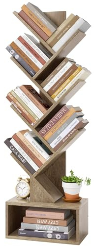Hoctieon 6 Tier Tree Bookshelf, Tall Bookcase with Drawer, Freestanding Book Shelf, Display Floor Standing Storage Shelf, Book Organizer Shelves for Home Office, Living Room, Bedroom, Greige