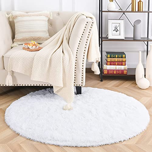 MARATIP Plüsch Teppich Rund,Flauschiger Teppich Rund, modernes Wohnzimmer, Kinder Mädchen,weicher und Flauschiger Teppich für das Schlafzimmer/Wohnzimmer/Kinderzimmer(Weiß,Ø 120 cm Rund)