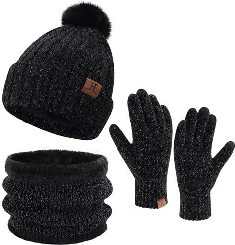 ZASFOU Damen Winter Beanie Mützen Schal Touchscreen Handschuhe Set Chenille Strick Wintermütze Winterhandschuhe Loop Schal,Schwarz