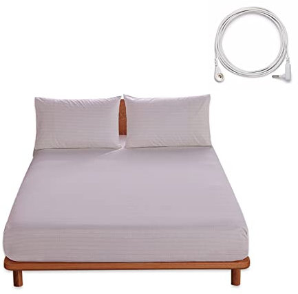 JIUMIWA Erdungslaken für King-Size-Betten mit 4,5 m Kordel, 90 % Bio-Baumwolle + 10 % Silberfaser, leitfähige Erdungsbettlaken für besseren Schlaf und Wellness (Weiß, King-Size: 193 x 203 x 33 cm)