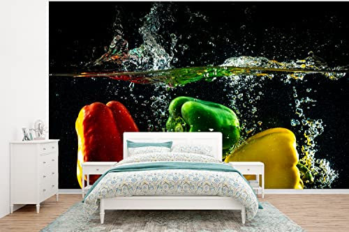 MuchoWow Papier peint Poivre - Végétal - Eau - Noir - Rouge - Vert - Jaune Papier peint photo 350x260 cm Papier peint imprimé