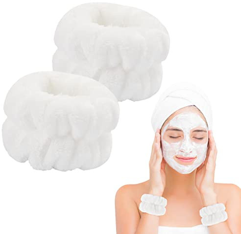 Dorbetar Face Wash Wrist Wraps, Microfiber Wristbands for Washing Face, Fluffy Towel Bands, Face Washing Wristbands for Women and Kids, Pack of 2 (White)