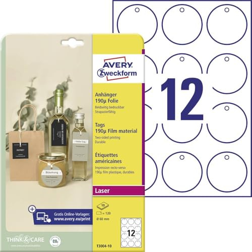 AVERY Zweckform T3004-10 stabile Anhänger 120 Stück inkl. Schnüre (⌀60mm auf A4, beidseitig bedruckbare Produktanhänger, reißfeste, strapazierfähige Geschenkanhänger, Preisanhänger) Folie, weiß