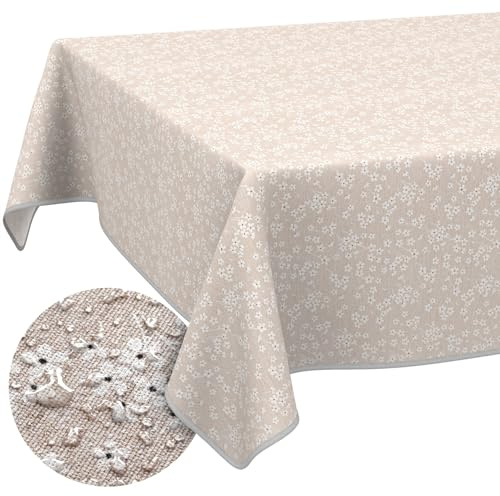 ANRO Tischdecke abwaschbar Violen Beige mit Saum 260x140 cm In-/Outdoor | mit Saum eingefasst – Gartentischdecke wetterfest – Tischwäsche aus beschichtetem Stoff – waschbar bei 30 °C