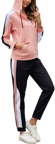 Litherday Jogginganzug Damen Lang Freizeitanzug Baumwolle Trainingsanzug Frauen Streifen Sportanzug, Rosa+Schwarz, S