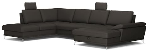 Cavadore Wohnlandschaft Castiel mit Federkern / Sofalandschaft mit großem Longchair, Bett, Bettkasten, Sitztiefenverstellung und Kopfstützen / 363 x 89-104 x 223 / Echtleder, Dunkelbraun