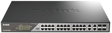 D-Link Smart Switch 28 Ports Gigabit PoE (24 x 1000Base-T and 2 x SFP Gigabit), PoE++, Long Range PoE (up to 250 m), 518W PoE Budget, Web Interface dedicated to IP video surveillance, VLAN, QoS, ERPS,