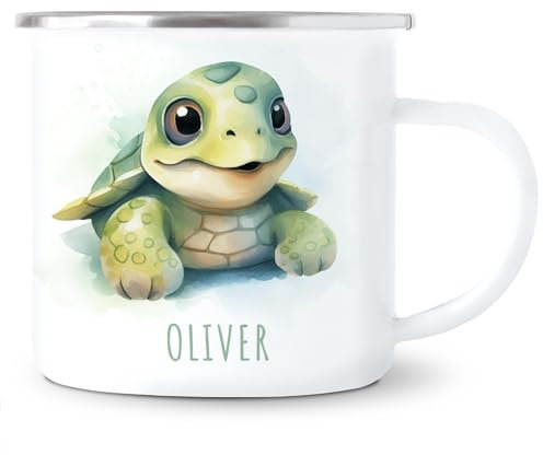 Schildkröte Emaille Tasse Kinder Trinkbecher personalisierte Kindertasse mit Namen süßer Kinderbecher für Mädchen & Jungen Geschenk Emaille Becher 300 ml