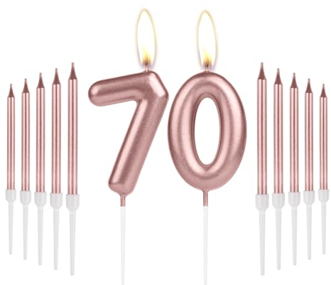 Girls 70th Birthday Candles Decorations, Number 70 Candle With Rose Gold Long Candles, Birthday Cake Topper for Women Party, 70th Wedding Anniversary Celebrations