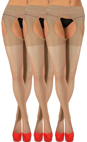 sesto senso Collant Ouvert 3 paires Femme Sexy 15 Den Bas Pour Porte-Jarretelles Trou Entrejambe Chair XL Beige clair