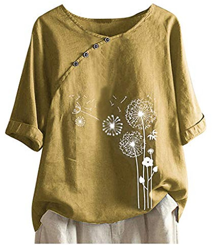 AMhomely Chemisiers chinois pour femme - Grande taille - Tunique élégante - En coton et lin - Haut Qipao - Vintage - Motif floral - Vacances, Jaune (01), Taille XXXXL