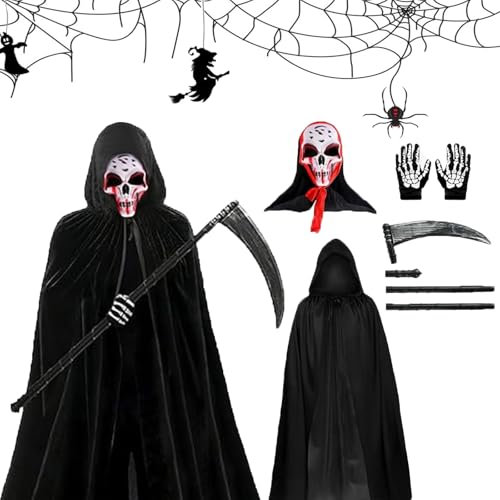 JLTXKST Disfraces Reaper de Halloween,Disfraz de parca,Disfra Muerte Adulto,con Capucha, Máscara de Calavera, Guantes, Guadaña,Capa de Muerte para Adultos para Carnaval Costume Cosplay