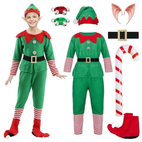 HarnyLoom Weihnachtself Kostüm Damen Kinder Erwachsen, Weihnachten Kostüm Männer Elfenkostüm Wichtel Elfen Outfits Elfenohren Elfenhut Glocke Weihnachten Party Cosplay (Kind-Junge, 120)