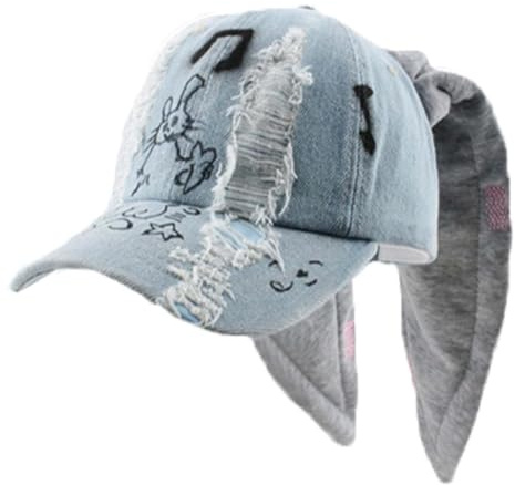 WUODHTW Y2k Baseballkappe mit Ohren, Metall, Eisenring, Kette, Used-Look, Denim, Baseballkappe, Sonnenkappe, Hiphop-Tanzhut, Hasenhut