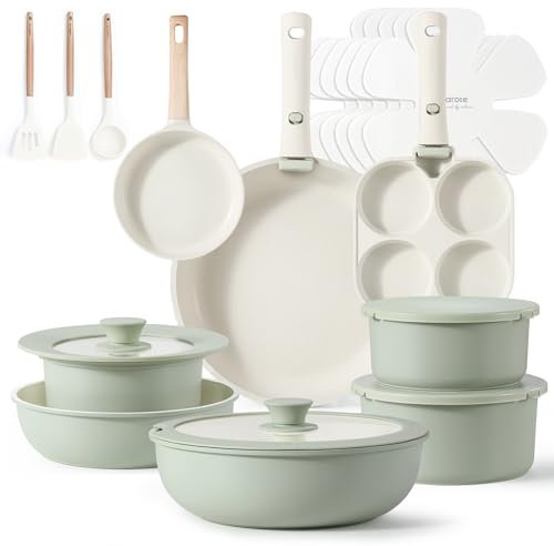 CAROTE 23pcs Pots and Pans Set Non Stick, Cookware Set, Kitchen Set, Oven/Dishwasher/Fridge Safe, Space Saving, Nonstick with Detachable Handle, Induction RV Set, Sage Green