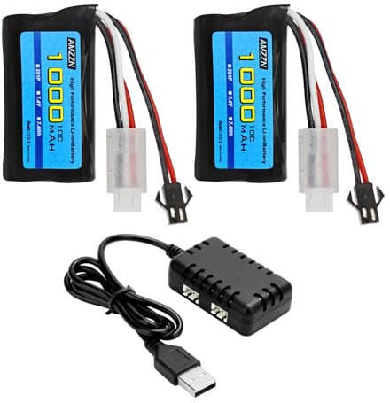 AMZZN 2 Stück 7.4V 1000mAh 2S Lithium-Ionen-Akku mit SM-2P-Stecker und 2-in-1 Ladegerät für WPL MN D90/91,99/99s D12 RC Auto; Fernsteuerungsboot H101 und Anstoy Gel-Kugelpistole