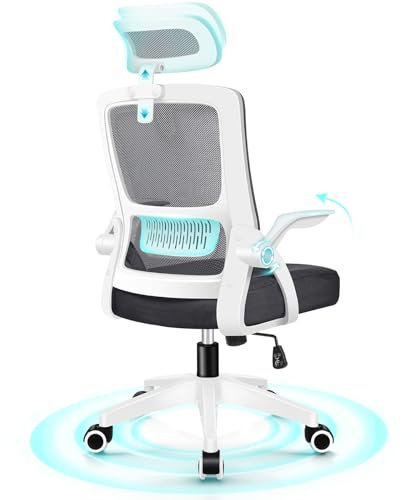ELFORDSON Ergonomic Mesh Office Chair, Executive Desk Chair with Adjustable Headrest Built-in Lumbar Flip-up Armrests, Rocking Swivel, Computer Gaming Chairs for Home Office, Black and White