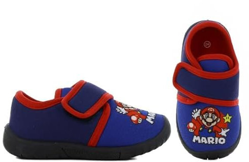 MARIO Chaussons pour garçon de 2 à 8 ans, patchs amusants avec fermeture Velcro, parfaits pour la maternelle, la crèche, bleu, 28 EU