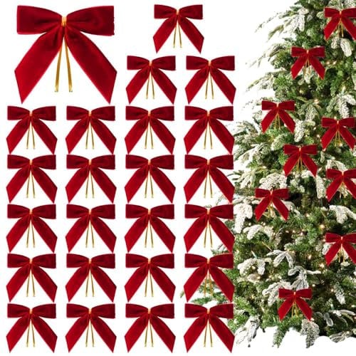 24 Pack Christmas Tree Bows, Velvet Bows For Christmas Tree, Christmas Bows Decorations, Vintage Velvet Ribbon Christmas Ornaments, Red Bows Velvet Ornaments For Christmas Decorations
