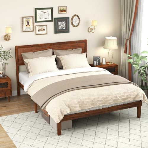 COSTWAY Single/King Size Bed Frame, 3FT/5FT Solid Acacia Wood Platform Bed Frame with Retro Headboard & 22cm Underbed Storage, Mid-Century Slat Support Bed Base, No Box Spring Needed, Walnut (King)