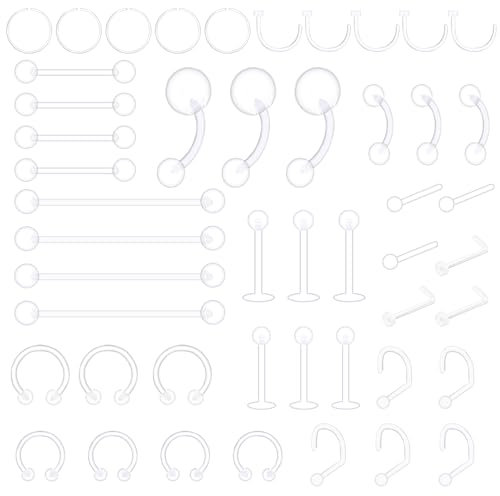 Loovisse 48 Stück Plastik Piercing für op, 14G 16G 20G Klare Piercing Retainers Set, Acryl Labret Piercin Septum piercing Zungenpiercing Kunststoff Augenbrauen, Mix Piercing Set, Mehrzweck