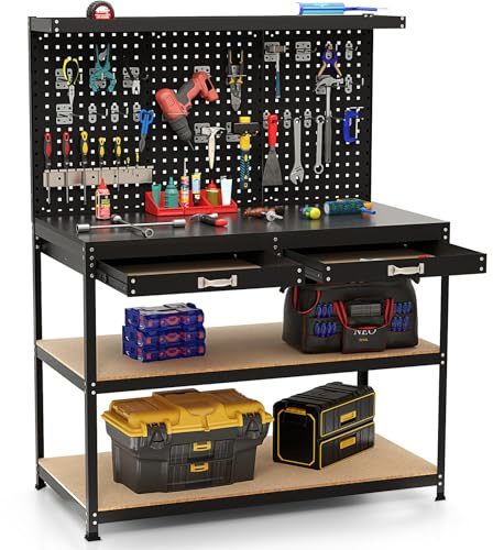 GOPLUS Banco de Trabajo con Panel Perforado, Mesa Trabajo con Cajones, Estantes, 23 Ganchos, Soporte para Destornilladores, Carga 230kg, Banco de Herramientas para Garaje Taller, 121x61x156cm (Negro)