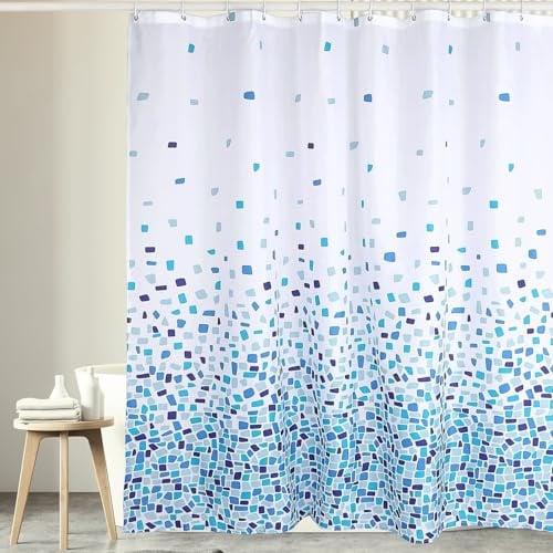 Homxi Duschvorhang aus Wasserdichtem Polyester - Blau-Weiß Mosaik Muster, 12 Kunststoff-Haken Inklusive (240x200cm) - Badezimmer Vorhang, Schimmelresistent