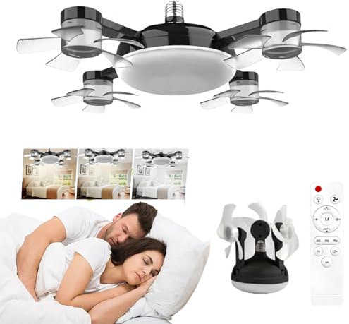 ytdzinoi Socket Fan Light Dimmable Drone Fan with Remote & Timing 3 Speed Wind Light Bulb Fan for E27 Base Screw in Ceiling Fans with 3 Color Mini Retractable Ceiling Fans for Bedroom, Kitchen