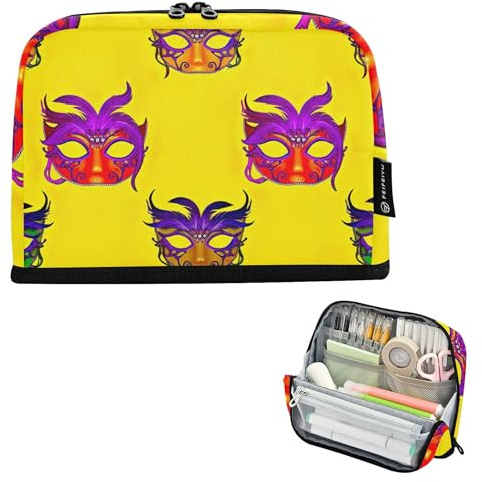 Federmäppchen mit Reißverschluss, großes Federmäppchen, bunt, Mardi Gras Maske, gelb, Bleistift-Aufbewahrungstaschen, Klassenzimmer, Stiftetasche, Jungen, Schreibwaren, adrett, College, High School