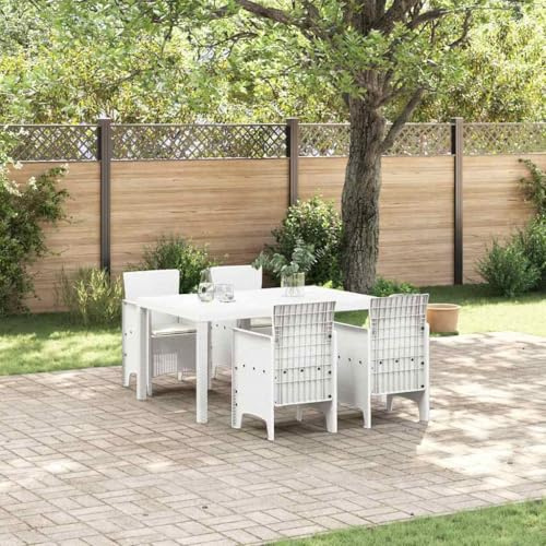 QJBSAVVA 5-teiliges Gartenmöbel-Set Weiß Poly-Rattan Essgruppe mit 4 Stühlen und rechteckigem Tisch Modernes Design Robust und langlebig für Balkon Terrasse und Camping