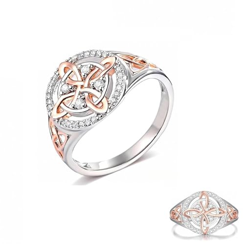 Handgefertigter Schutzring „Witch’s Return-Knot“, zweifarbiger Hexenknotenring mit Zirkonia, Schmuckgeschenke für Frauen zum Schutz Ihrer Lieben, silbernes Design mit roségoldenen Details (1pcs,7)