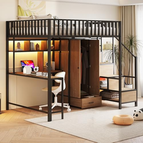 Letto a soppalco matrimoniale con scrivania, 140x200 cm - scale e spazio di archiviazione - armadio e cassetto - metallo, adatto a bambini, ragazzi e adulti, nero, dimensioni 252,8 x 146,6 x 175 cm
