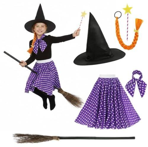 Kids Storybook Witch Costume Set with Broomstick, Witch Hat, Polka Dot Skirt, Ginger Plait Hair & Magic Wand for World Book Day and Dress Up Play for Children