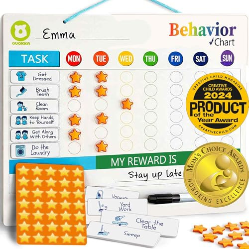 Magnetic Chore Chart for Kids - Reward Behavior Chart for Children | Dry Erase Routine Schedule and Chore Chart for Kids at Home - Reward Stickers for Children with 48 Magnets and 49 Stars